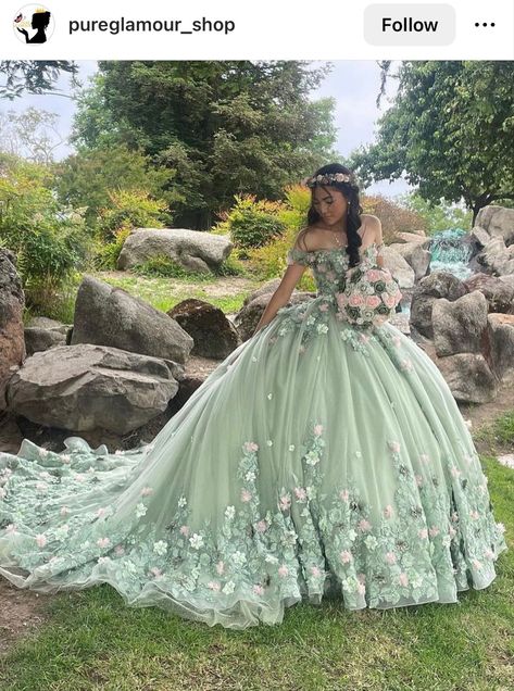 Green Ball Gown Dress, Sage Green Ball Gown, Green Quince Dress, Princess Quinceanera Dresses, Green Quinceanera Dresses, Green Ball Gown, Floral Ball Gown, Quinceanera Themes Dresses, Dresses Lavender