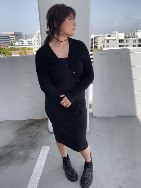 black dress dr martens Black Cardigan Outfit Aesthetic, Cardigan And Dress Outfit, Black Dress With Cardigan, Brown Dresses Outfit, Black Cardigan Outfit, Black Mesh Dress, Cardigan Outfits, Brown Dress, Dress With Cardigan