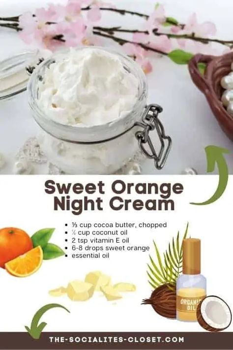 This DIY night cream has sweet orange oil for glowing skin. Learn how to make a homemade night cream at home that really works. How To Make Night Cream At Home, Diy Night Cream Anti Aging, Night Cream For Glowing Skin, Cream For Glowing Skin, Homemade Night Cream, Bath Tea Recipe, Oil For Glowing Skin, Diy Night Cream, Diy Face Moisturizer