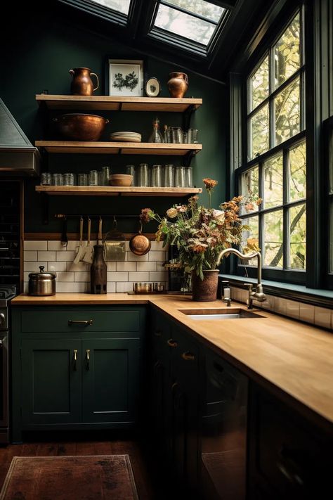 40+ Aesthetic Moody Farmhouse Kitchen Ideas Vintage Green House Interiors, Dark Cabinets With Dark Walls, Dark Painted Kitchen, Moody Home Aesthetic, Witchy Farmhouse, Lesbian House, Dark Moody Kitchen, Dark Academia Kitchen, Victorian Lounge