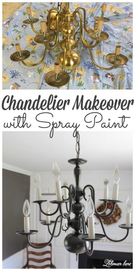 Looking for an easy chandelier makeover! Stop by to see how we transformed my dining room chandelier with spray paint #spraypaint #diningroom #lighting #chandelier http://lehmanlane.net Spray Painting Chandeliers, Redo Brass Chandelier, Updating Chandelier Diy Dining Room, Redo Chandelier Diy, Old Chandelier Makeover, Paint Entryway, Paint Chandelier, Castle Lighting, Spray Painted Chandelier