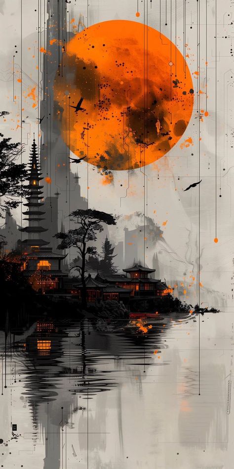 wenay_anime Orange Black Aesthetic, Orange And Black Background, Guerriero Samurai, Japanese Art Samurai, Japanese Pop Art, Samurai Wallpaper, Japanese Art Prints, Japon Illustration, Abstract Art Wallpaper