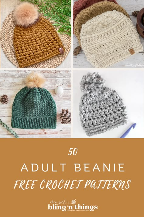 Looking for a stylish crochet beanie pattern? Look no farther than this awesome collection of 50 adult hat crochet patterns! Plus, every pattern in this round up is FREE! Crochet Pattern Beanie Free, 1 Hour Crochet Beanie Pattern Free, Quick Hat Crochet Pattern, Free Crochet Pattern Women’s Hat, Crochet Hat Pattern Size 5 Yarn, Free Crochet Hat Patterns For Women Beanie, Quick And Easy Crochet Hat Patterns Free, Worsted Weight Beanie Pattern Crochet, Free Pattern Crochet Beanie