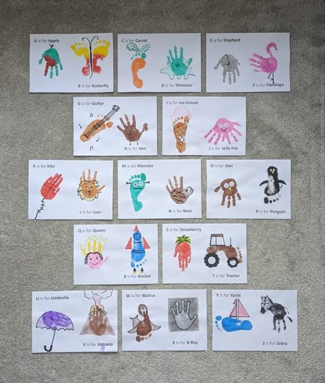 Letter A Handprint Crafts For Preschool, Alphabet Hand And Footprint Crafts, Alphabet Book With Handprints, Handprint And Footprint Alphabet Book, Animal Handprint Art Alphabet, Baby Footprint Art Alphabet, Abc Footprint Art, Footprint Alphabet Book, Handprint Letter Crafts