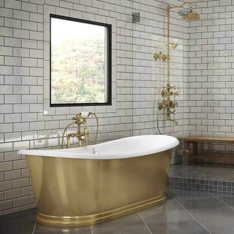 undefined Bathroom Faucets Gold, Gold Kitchen Appliances, Gold Bathroom Faucet, Slipper Bath, Malibu Home, Corner Tub, Freestanding Bathtub, Acrylic Bathtub, Gold Bathroom