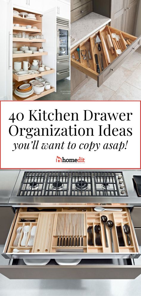 Need some easy kitchen organization tips? Dive into our list of 40 genius kitchen drawer organizers to keep your kitchen neat and tidy. Whether it's organizing your pantry, cutlery drawer, or pots and pans, we've got the best ideas for kitchen drawer organization ideas. Home storage and organization, home organization Drawers For Dishes In Island, Cooking Utensil Drawer Storage, Kitchen Drawer Organization Ideas Tips, Tupperware Storage Drawer, Silverware Drawer Organizers, Pantry Drawer Ideas, Kitchen Drawer Storage Solutions, Best Kitchen Cabinet Organization Ideas, Kitchen Draw Storage Ideas