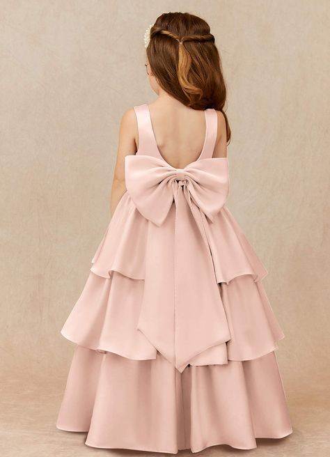 Azazie Margie Blushing Pink A-Line Bow Stretch Satin Dress | Azazie Little Bridesmaids Dresses Kids Stylish, Toddler Flowergirl Dress, Cute Pink Dresses Kids, Bridesmaid Children Dress, Dusty Pink Bridesmaid Dresses Kids, Young Bridesmaid Dresses Pink, Ring Bearer Blush Pink, Dress For Kids Pink, Blush Pink Flowergirl Dress