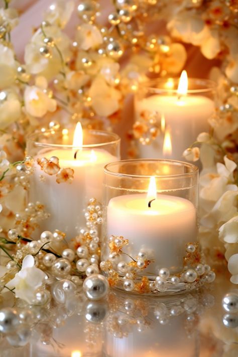 Elegant white wedding candles adorned with pearls and delicate flowers, exuding timeless charm Elegant White Wedding, Digital Photography Backgrounds, Pearl Candle, Candle Arrangements, Creative Wedding Gifts, Crayon Drawings, Diwali Wishes, Candle Aesthetic, Delicate Flowers