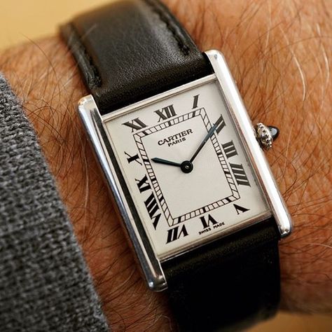 Cartier Tank Louis in platinum on black calf leather strap. Louis Cartier Tank, Cartier Tank Men, Tank Cartier, Cartier Tank Louis, Cartier Watches Mens, Stylish Watches Men, Tank Watch, Classy Watch, Vintage Timepiece