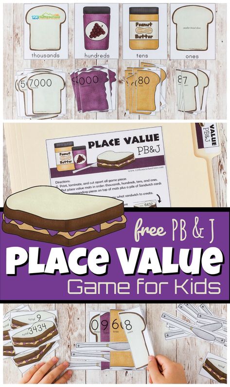 Build a Peanut Butter & Jelly Sandwich in this fun, hands-on place value activities. In these place value games children will practice buiding numbers with the ones, tens, hundreds, and thousands place value. Add this cute place value math games to your upcoming place value lessons  for a free math printable3rd grade, 4th grade, and 5th grade students will be excited to play. Simply print pdf file with place value game printable and you are ready to have fun with this place value activity! Place Value Math Games, Division Math Games, Math Minutes, Place Value Game, Place Value Games, Word Games For Kids, Fun Math Worksheets, Free Math Games, Place Value Activities