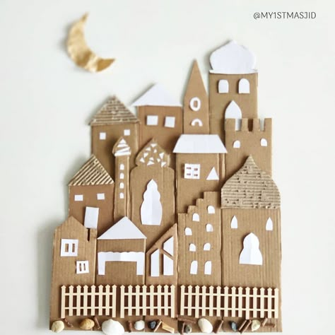 Cardboard Masjid, Masjid Craft, Cardboard Scenery, Cardboard Village, Recycle Cardboard, Cardboard City, Fairy House Crafts, Eid Crafts, Cardboard Crafts Diy