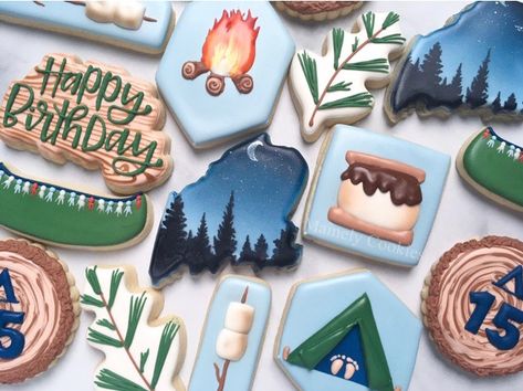 Happy Camper Cookies, First Birthday Camping Theme, Camper Cookies, Camp Cookies, Birthday Camping Theme, First Birthday Camping, Forest Cookies, Bakery Logo Ideas, Fishing Cookies