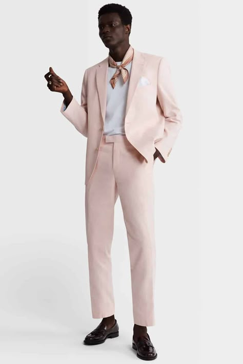 Suit With Silk Shirt Men, Men Pink Suit, Men’s Pink Suit, Pink Formal Outfit Men, Burgundy Loafers Outfit, Pink Loafers Outfit, Summer Wedding Men, White Outfit Casual, Pink Suit Men