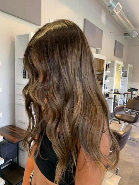 Bright Balayage On Brown Hair, Brown Blended Highlights, Brunette Blended Balayage, All Over Brunette Hair Color No Highlights, Simple Balayage Black Hair, Sunkissed Brunette Balayage On Black Hair, Brown Hair With Natural Balayage, Balayage On Dark Hair Black, Cooler Brown Balayage