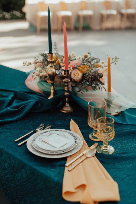 The Copper Quail - Wedding Design & Vintage Rentals serving Chattanooga, TN-Colorful Festival Wedding Jewel Toned Wedding, Festival Themed Wedding, Earthy Wedding, Jewel Tone Wedding, Wedding Tablescape, Eclectic Wedding, Vintage Brass Candlesticks, Chicago Wedding Venues, Festival Inspiration