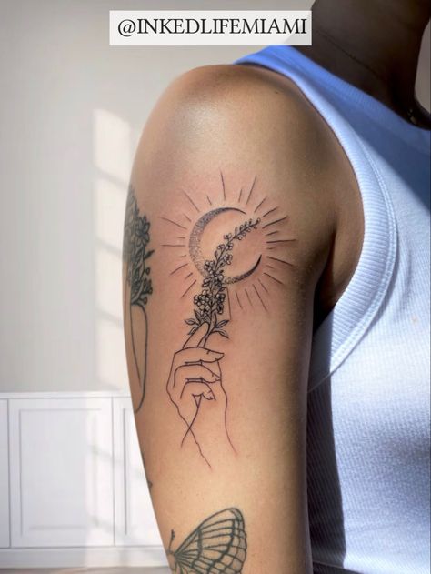 Moon With Lavender Tattoo, Lavender Moon Tattoo, Gigi Tattoo, Tattoo Lavender, Round Tattoo, Bali Tattoo, Lavender Tattoo, Flower Tattoo Ideas, Single Needle Tattoo