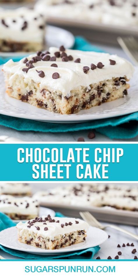 My Chocolate Chip Sheet Cake is a soft and fluffy snack cake that can be served right in the pan it's baked in. Simple to make and impossible to resist, you'll love this perfectly sweetened cake with its simple buttercream frosting and plenty of chocolate chips! Recipe includes a how-to video! Chocolate Chip Sheet Cake, Simple Buttercream Frosting, Chocolate Chips Recipe, Chocolate Chip Cake Recipe, Sugar Spun Run, Easy Buttercream Frosting, Chocolate Sheet Cake, Chocolate Chip Cake, Sheet Cake Recipes