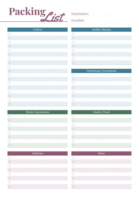 It doesn't matter either you are planning a visit to your parents or a 14-day trip anyway packing list will help you pack your bags more efficiently and not forget important things. Sections available in this template: Destination, Duration, Clothes, Shoes/Accessories, Toiletries, Health/Beauty, Technology/Documents, Snacks/Food, Other  #roadtripplanner #travelitineraryplanner #besttripplanner #plannerlove #printable Blank Packing List Printable, Editable Packing List Template Free, Printable Packing List Template, Packing List Template Free Printable, Blank Packing List, Templates For Notes, Aesthetic Packing List, Packing Template, Travel Checklist Printable