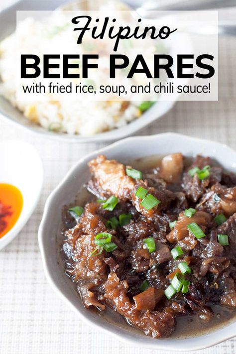 Feels like home! Make Filipino Beef Pares with cuts with lots of litid (tendon) to achieve a texture that is tender and sticky at the same time. Beef Pares, Garlic Fried Rice, Filipino Desserts, Filipino Dishes, Feels Like Home, Pinoy Food, Beef Brisket, Filipino Recipes, Healthy Eating Tips