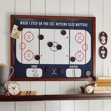 Magnet Wall, Hockey Crafts, Hockey Bedroom, Hockey Room, Hockey Decor, Boys Hockey, Man Cave Home Bar, Teen Decor, Wall Shelf Decor