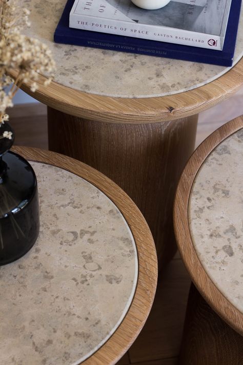 Mezcalitos Side Tables — SinCa Design is a furniture studio of contemporary handcrafted customizable furniture Picnic Party Decorations, White Oak Table, Side Table Design, Walnut Table, Wood Stone, Furniture Details, Hand Crafted Furniture, House Interior Decor, Coffee Table Design