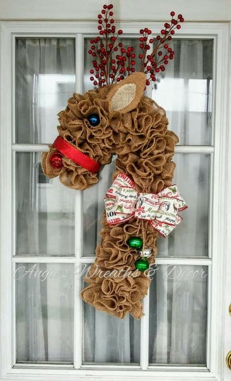 Angie's Wreaths & Decor Mesh Bows For Wreath, Reindeer Wreath Burlap, Reindeer Wreaths Diy, Candy Cane Shaped Wreath, Reindeer Wreath Diy, Candy Cane Wreath Form Ideas, Football Shaped Wreath, Snowman Mesh Wreath, Rudolph Wreath