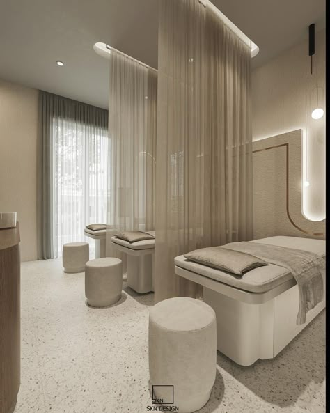 Dubai Beauty Salon, Aesthetician Clinic Design, Salon Bed Setup, Neutral Aesthetic Lash Room, Beige Beauty Salon Aesthetic, Beige Salon Aesthetic, Neutral Lash Room, Beige Beauty Salon, Luxury Aesthetic Clinic