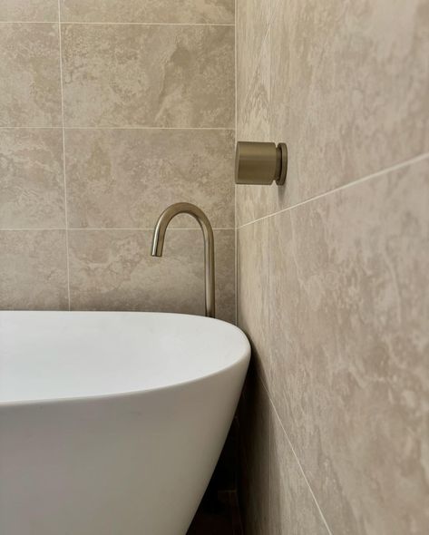 We love how @jaalaalaa's bathroom has come together 🙌 They used our Pompeii Travertine in Crema on the walls and floor for a seamless Mediterranean look 😌 Pompeii, Come Together, New Homes, Flooring, Wall, Quick Saves