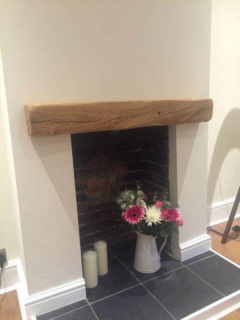 Empty Fireplace Ideas, Oak Beam Fireplace, Cover Fireplace, Mantel Beam, Beam Fireplace, Log Burner Living Room, Design Camino, Oak Mantel, Oak Fireplace