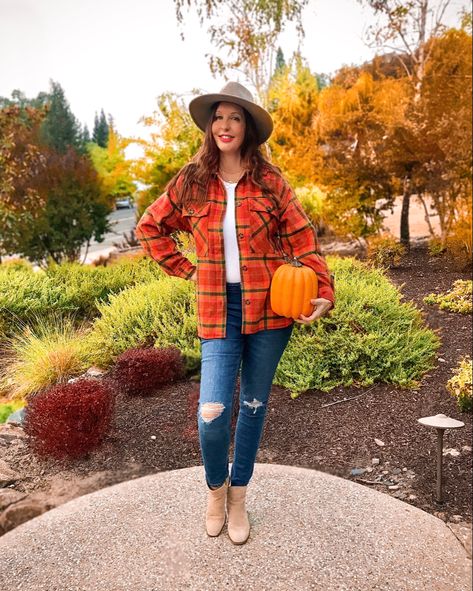 Women’s Orange Plaid Shacket Orange Plaid Shirt Outfit Fall, Orange Plaid Shirt Outfit, Plaid Shirt Outfit Fall, Shacket Outfit Women, Shacket Outfit, Plaid Shirt Outfits, Orange Plaid, Autumn Outfit, Shirt Outfit