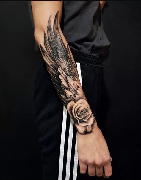 Wing And Flower Tattoo, Angel Wings Tattoo Forearm Women, Angel Wing Forearm Tattoo, Angel Wings Tattoo Sleeve, Angel Wing Tattoo On Arm, Angel Wings Tattoo Forearm, Forearm Wing Tattoo, Wing Tattoo Arm, Wing Tattoo Men