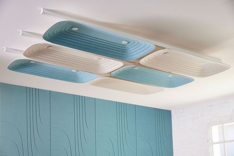 Juni’s long rectangular shape makes its mark in the Fuji range. Its art deco curve and embossed linework combine to create this 3D acoustic ceiling tile. Tiles are made from 100% PET (64% recycled). Click on the link to read more about it. #AcousticPanels #CeilingAcoustics #interiorarchitecture #workplacedesign Healing Architecture, Woven Image, Acoustic Ceiling Tiles, Modern Restaurant Design, Acoustic Ceiling, Multipurpose Hall, Conceptual Architecture, Small Cafe, Acoustic Solutions