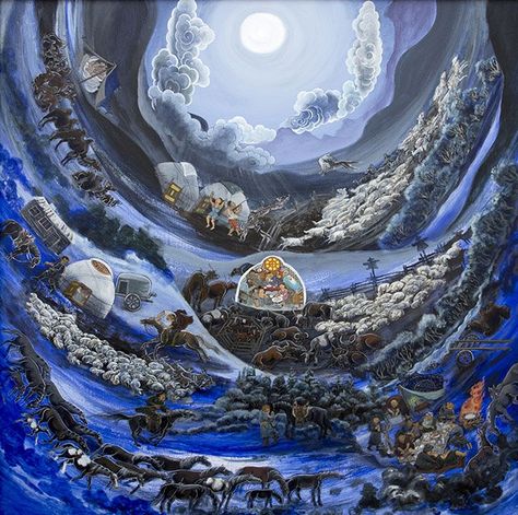 "Full moon" by Badam. Mongolian artist Mongolian Traditional Art, Mongolian Art Painting, Mongolian Art Drawing, Mongolian Drawing, Mongolian Aesthetic, Mongolian Painting, Mongolia Art, Mongol Art, Mongolian Ger