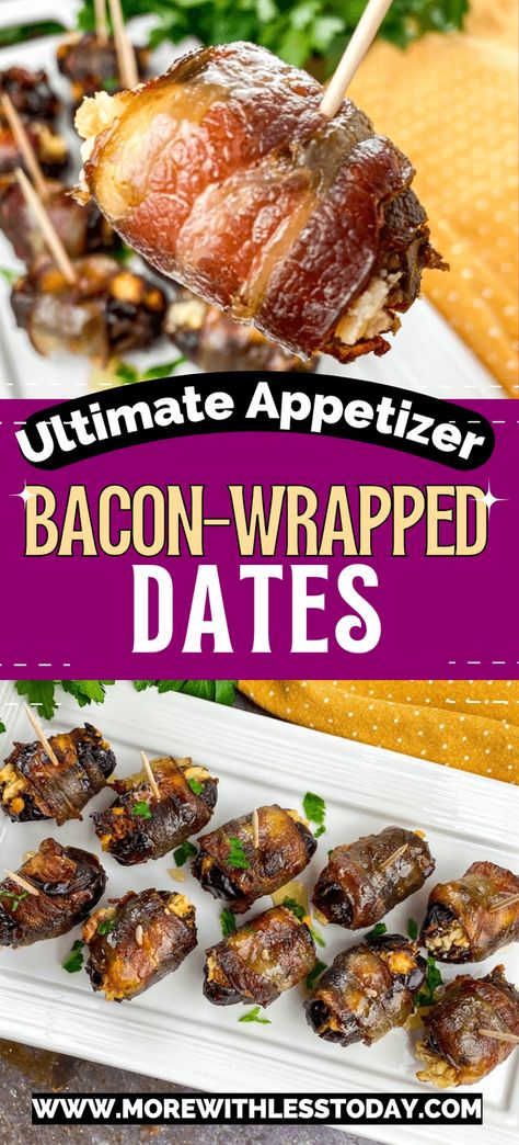 Bacon Wrapped Dates appetizers on a white dish Dates And Bacon Appetizers, Bacon Wrapped Dates With Feta, Dates Wrapped In Bacon Appetizers, Date Stuffed With Goat Cheese, Bacon Board Ideas, Bacon Wrapped Dates With Goat Cheese, Dates Stuffed, Wrapped Dates, Bacon Wrapped Dates