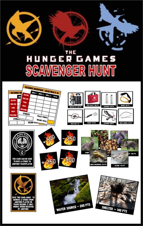 Hunger Games Scavenger Hunt - Printable Party Game! Hunger Games Party Games, Hunger Games Movie Night, Hunger Games Printables, The Hunger Games Party Ideas, Hunger Games Themed Party, Hunger Games Project Ideas, Hunger Games Party Activities, Hunger Games Birthday Party Ideas, Hunger Games Activities