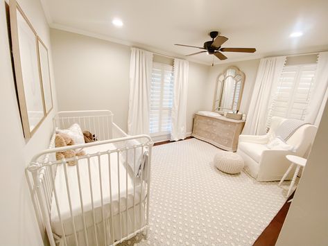 Nursery With Two Windows, Big Nursery Ideas, Preppy Baby Room, Classic Baby Girl Nursery, Classic Girl Nursery, Classic Boy Nursery, White Crib Nursery, Small Nursery Layout, Nursery Aesthetic