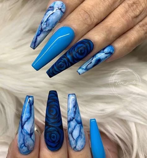 Long Acrylic Nail Designs, Blue Acrylic Nails, Cute Acrylic Nail Designs, Summer Acrylic Nails, Acrylic Nail Art, Marble Nails, Nailed It, Fire Nails, Coffin Nails Designs