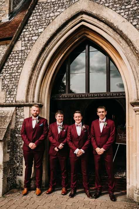 Groomsmen Red Attire, Red Wedding Theme Groomsmen, Red Suit Groomsmen, Christmas Wedding Suits Groom Attire, Christmas Groom Attire, Christmas Wedding Suit, Dark Red Groomsmen Attire, Dark Red Groom Suit, Groomsmen Burgundy Attire