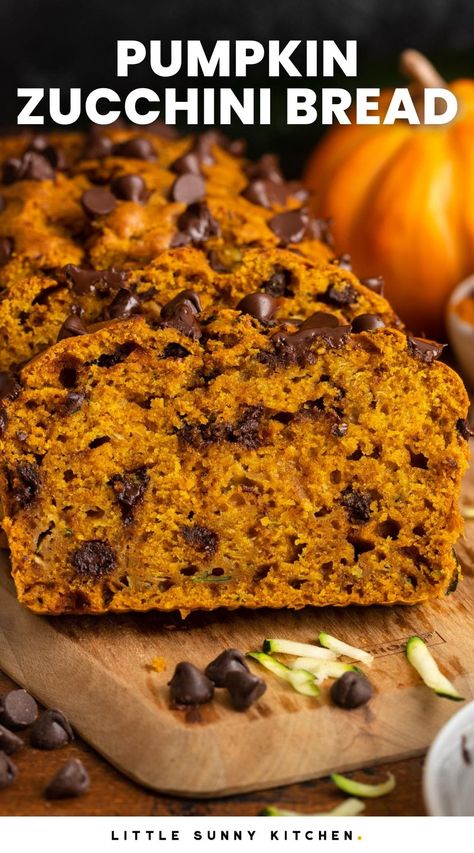 Extra moist and delicious, this Pumpkin Zucchini Bread recipe is so simple to make, and packed with warm pumpkin spice and sweet chocolate chips. Pumpkin Zucchini Chocolate Chip Bread, Gluten Free Pumpkin Zucchini Bread Recipes, Chocolate Pumpkin Zucchini Bread, Chocolate Chip Zucchini Bread Muffins, Zucchini Bread Pumpkin, Pumpkin Bread With Pumpkin Seeds, Extra Moist Zucchini Bread, Pumpkin Banana Zucchini Bread, Zucchini Bread With Pumpkin