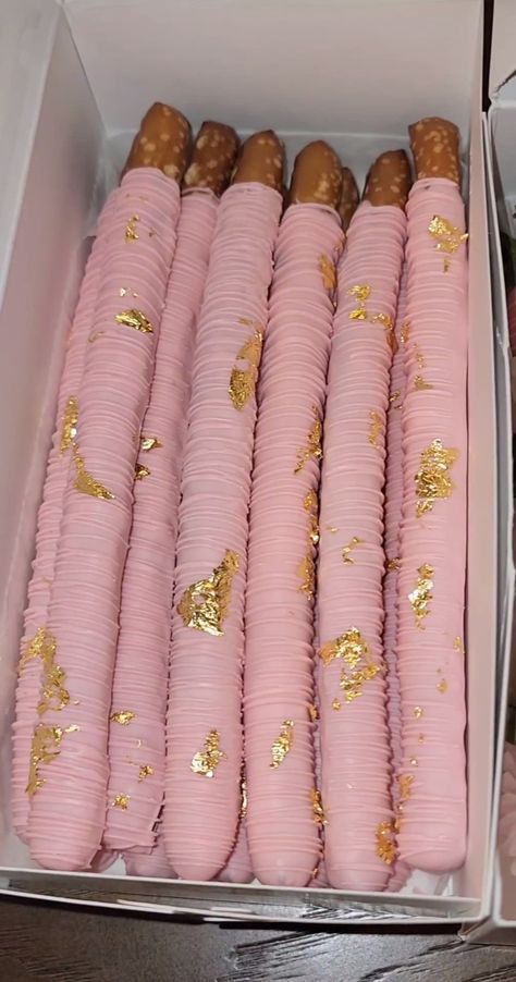 Pink And Gold Desserts, Pink And Gold Treats, Pink Chocolate Covered Rice Krispies, Pink Treats For Party, Gold Chocolate Covered Pretzels, Treat Table Ideas, Fairytale Quince, Pink Candy Table, Pink Party Foods