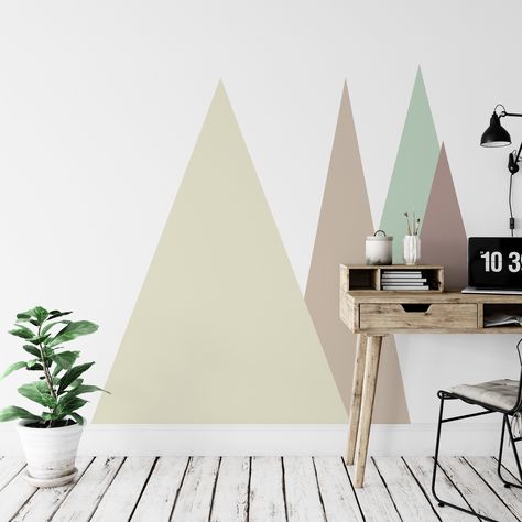 "Triangle wall decal kit. Buy triangle decal set by clicking a link - - https://www.etsy.com/listing/1081526523/geometric-wall-decal-large-triangle-wall ✅Measurements: * 5 peel-and-stick elements are included in a set (4 triangles) * Biggest triangle 37\"x50\", smallest-13\"x27\" * Each individual decal can be arranged however you want! Check out listing large wall decals photos for more details about all elements and measures. MORE geometric WALL DECALS YOU CAN FIND HERE https://www.etsy.com/sh Pink Painted Walls, Geometric Decals, Peel And Stick Wall Decals, Wall Decal Nursery, Birthday Gift For Sister, Large Wall Decals, Triangle Wall, White Interior Design, Indie Room