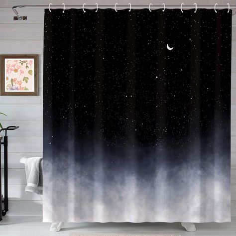 PRICES MAY VARY. ★Size: 72"wide x 72"high ★Product List: One Shower curtain and 12 hooks ★Unique Design: This black and white shower curtain combine night sky and new moo and stars together. It gives your bathroom a special feeling. ★Premium Quality & Print: 100% polyester fabric shower curtain with weight at the bottom. Waterproof, Wrinkle resistance, Shape retention, High strength, Elastic recovery.Vibrant colors, Clear image, Harmless and no fading. ★ Satisfaction: Contact us If you have any Moon Bathroom, Camper Decorations, Night Starry Sky, Black And White Shower Curtain, Black Shower Curtain, Star Bedroom, Handmade Cabinets, Bathrooms Ideas, Black Shower Curtains