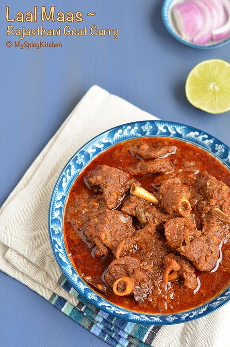 Rajasthani Laal Maas, Buffet on Table, Blogging Marathon, Rajasthani Cuisine, Rajasthani Food, Spicy Mutton Curry, Spicy Goat Curry, Laal Maas, Pomfret Fry, Pork Cooking Temperature, Goat Curry, Mutton Curry Recipe, Rajasthani Food, Mutton Recipes, Non Veg, Interesting Recipes