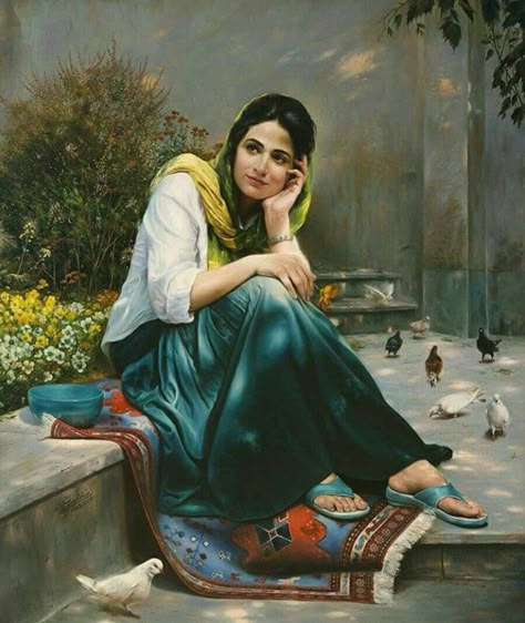 Simrnaa's Golden Ink – From Panjab~ Land of Poets and Revolutionaries Iman Maleki, Iranian Beauty, Indian Women Painting, Women Painting, Female Art Painting, Painted Ladies, Tableau Art, Realistic Paintings, Indian Paintings