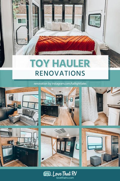 Toy Hauler Renovations Toy Hauler Renovation Ideas, You Hauler Remodel, Toy Hauler Remodel Before And After, Remodeling A Toy Hauler, Toyhauler Garage Remodel, Renovated Toy Hauler, Toyhauler Makeover, Rv Toy Hauler Remodel, Fifth Wheel Toy Hauler Remodel