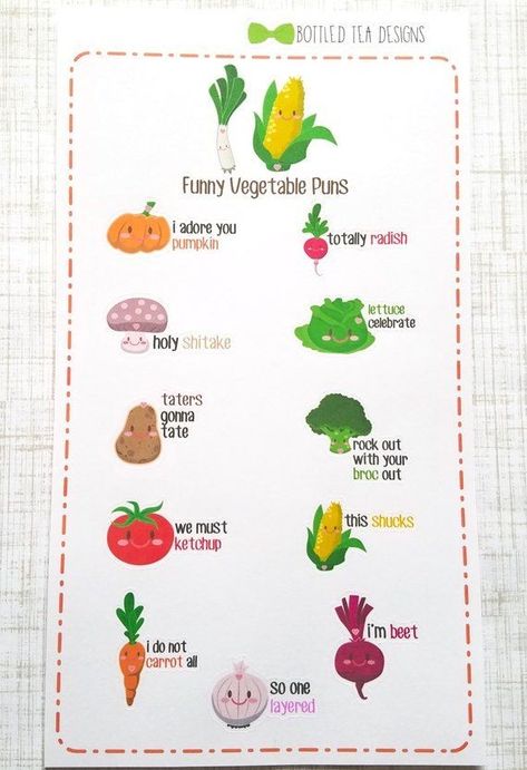 Veggie Puns, Garden Puns, Vegetable Puns, Landing Ideas, Funny Vegetables, Word Stickers, Punny Cards, Funny Food Puns, Paint Rocks