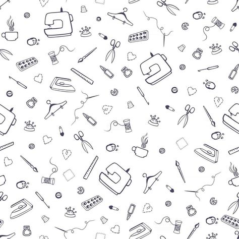 Vector seamless pattern with sewing and tailoring stuff. Sewing machine, scissors, sewing and other handicrafts items. Tailoring Background Images, Dressmaking Background, Sewing Symbols, Tailoring Background, Sewing Background, Sewing Vector, Tailor Studio, People Background, Halloween Costume Patterns