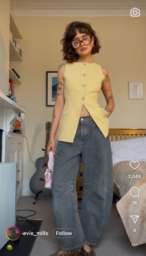 Fashion Proportions Style, Fall Waistcoat Outfit, Black Doc Sandals Outfit, Persian Outfit Style, Exhibition Opening Outfit, Collar Tee Outfit, How To Style Yellow Shirt, Quilt Vest Outfit, Gardening Outfit Aesthetic