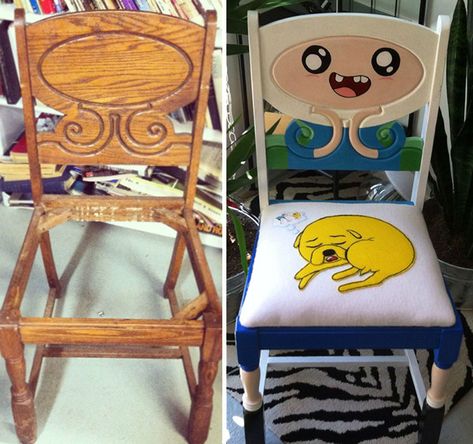 Antique Chair Restored And Repainted As Characters From Adventure Time Adventure Time Crafts, Geek Crafts, Jake The Dogs, Old Chair, Antique Chairs, Geek Culture, Cool Stuff, Kids Crafts, Adventure Time