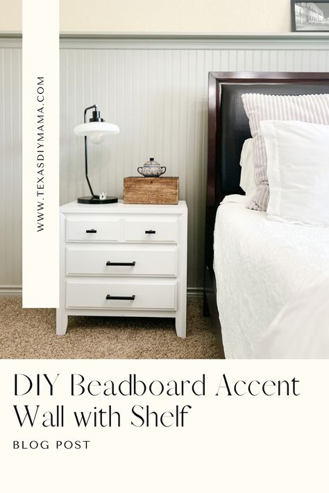 Beadboard accent wall Beadboard Wall With Shelf, Beadboard Half Wall With Shelf, Breadboard Walls, Bead Board Accent Wall Bedroom, Accent Wall With Shelf, Beadboard Chair Rail, Beadboard Half Wall, Beadboard Bedroom, Beadboard Accent Wall